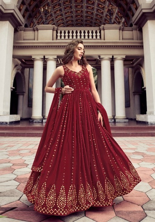 Maroon Wedding Wear Women's Gown With Stylish Dupatta