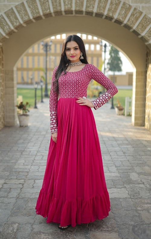 Stylish Pink Colour Sequins With Embroidered Work Faux Georgette Long Gown