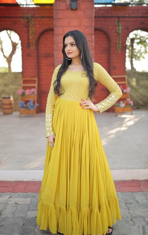 Stylish Yellow Colour Sequins With Embroidered Work Faux Georgette Long Gown