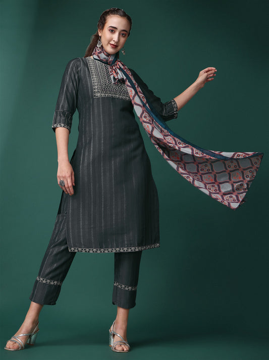 Grey Party Wear Embroidery Worked Kurta With Pant And Duppata Set