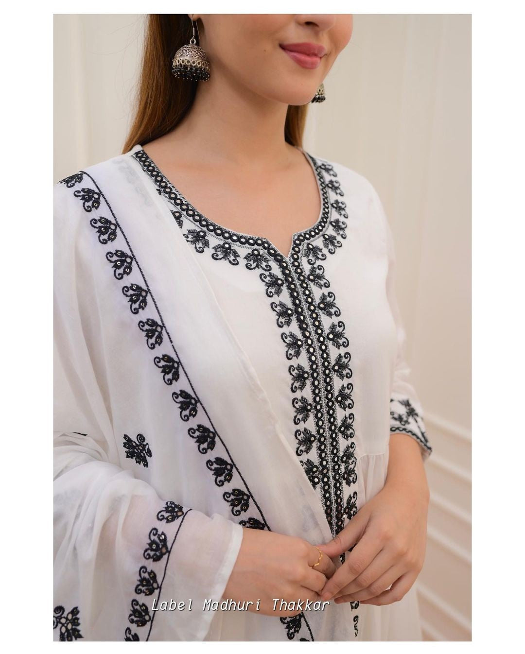 White Black Thread Embroidered A-Line Suit