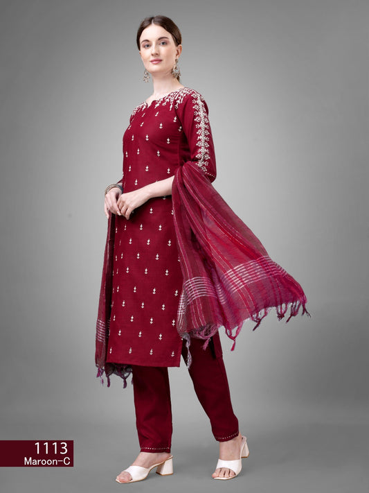Women's Maroon Color Cotton Bland  Embroidery With Sequence Work Kurta Pant With Dupatta Set