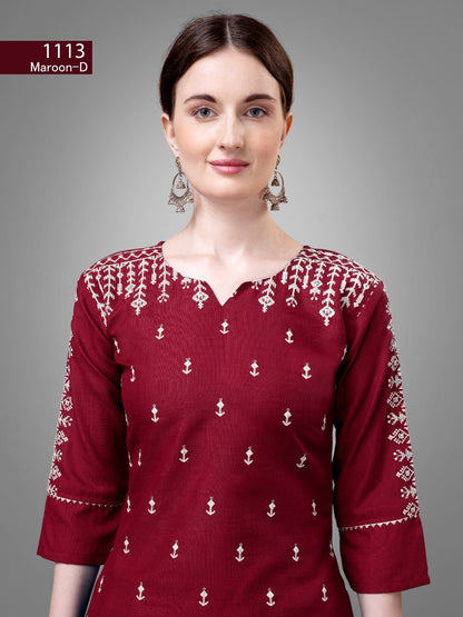 Women's Maroon Color Cotton Bland  Embroidery With Sequence Work Kurta Pant With Dupatta Set